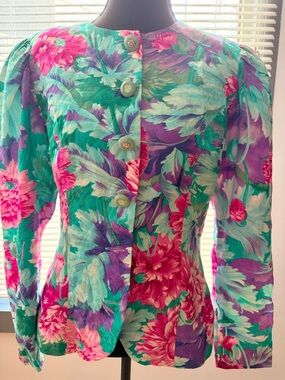 Vibrant Vintage Floral Button-Up Jacket in Teal, Pink & Purple 100% Silk Sz 8